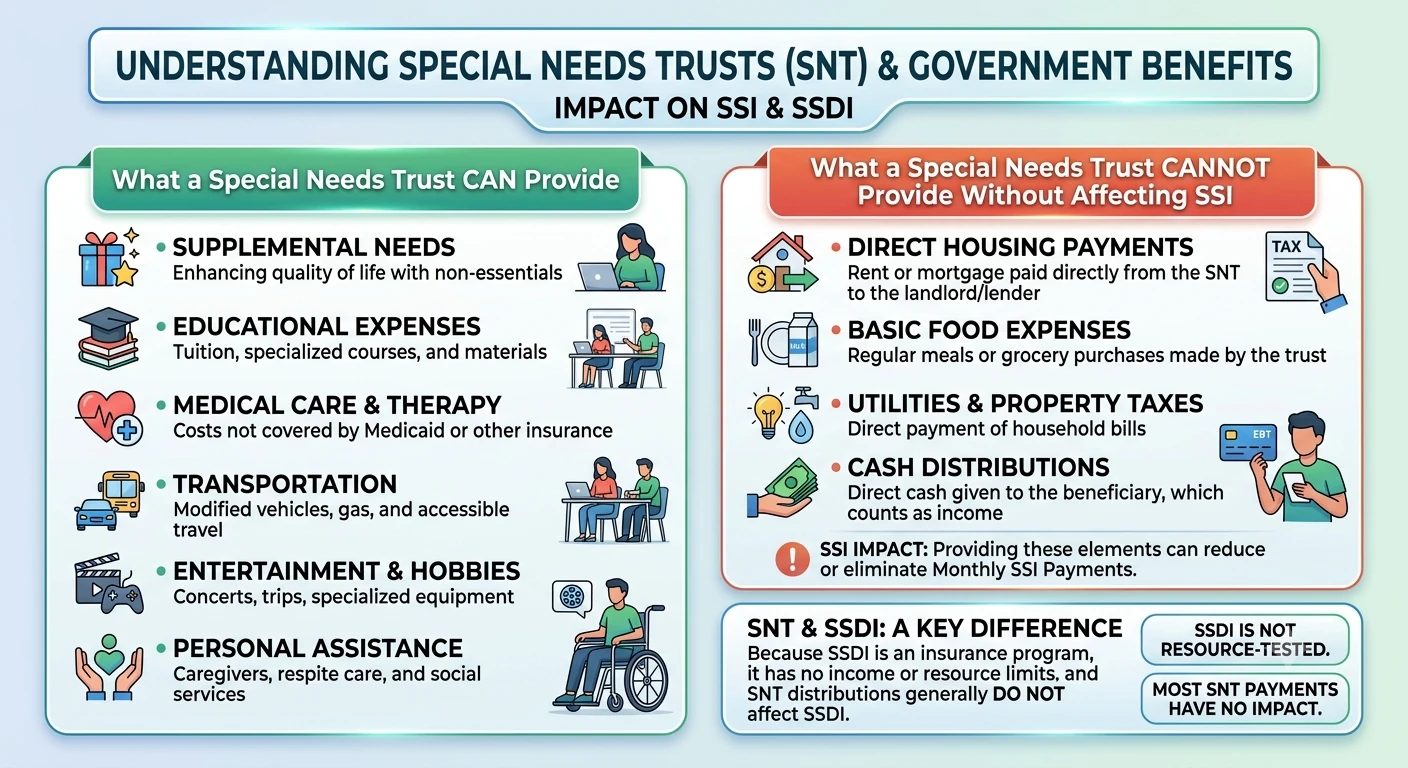 Infographic detailing what a Special Needs Trust can and cannot pay for regarding housing and SSI rules in Utah.